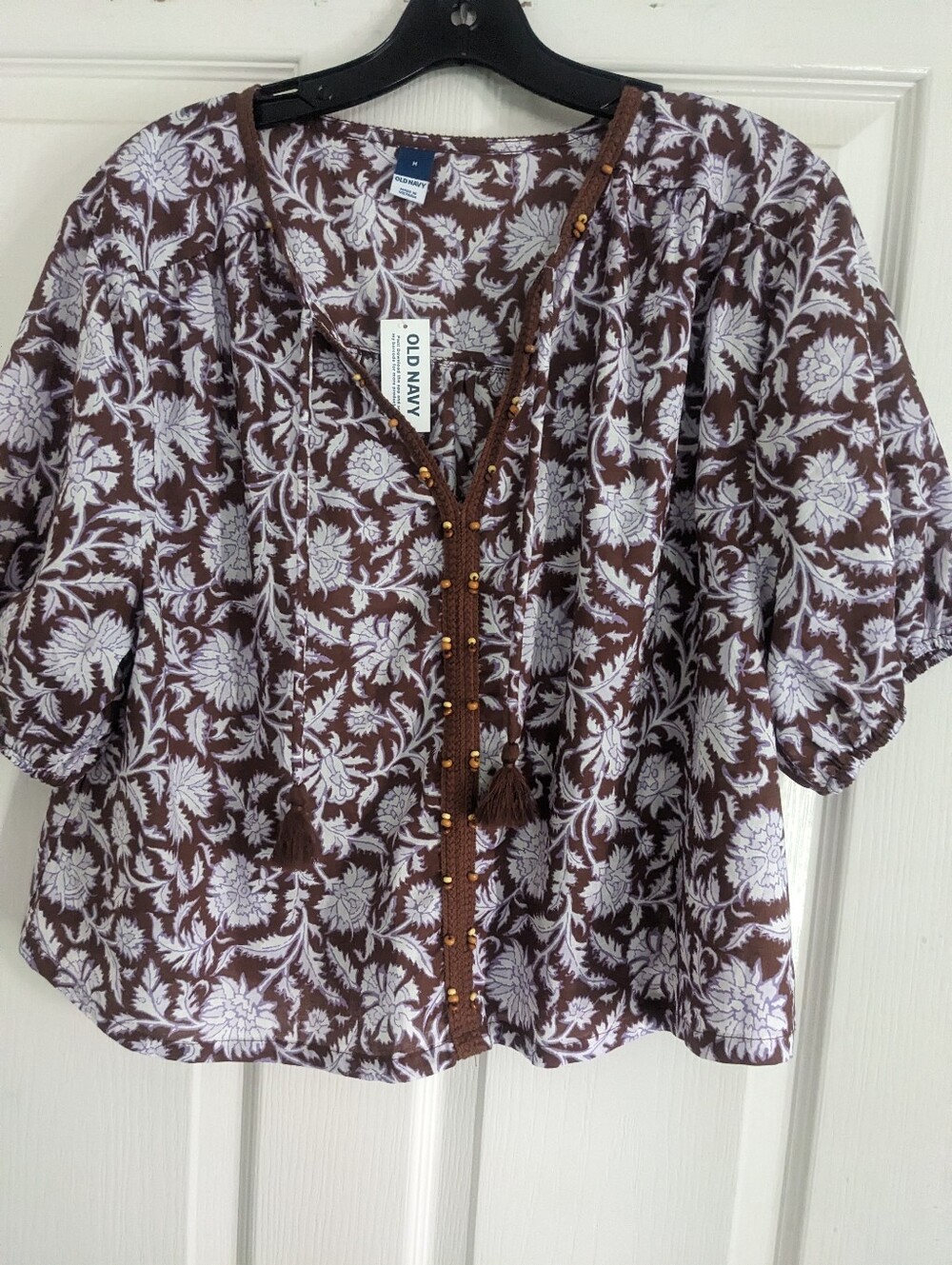 Old Navy Brown and White Floral Peasant Blouse